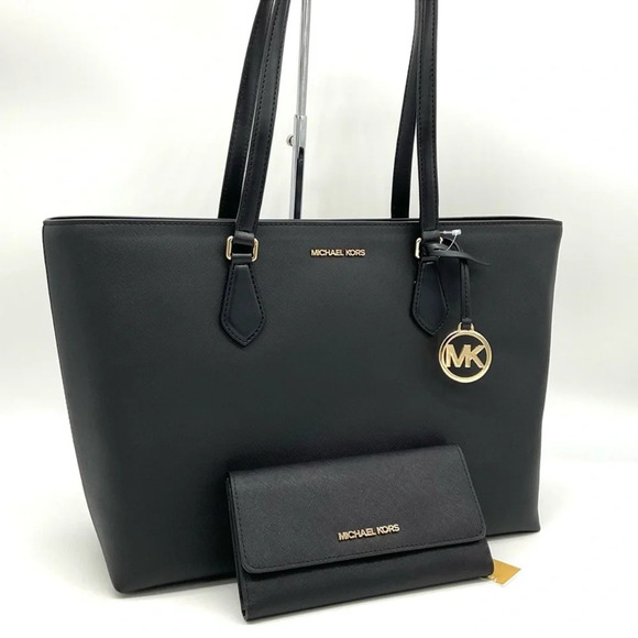 Michael Kors Bag Large Sheila Mf Tote Bag & Large Trifold Wallet Black/Gold
